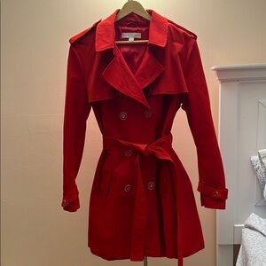 New York & Company Red Trench Coat with Belted Waist